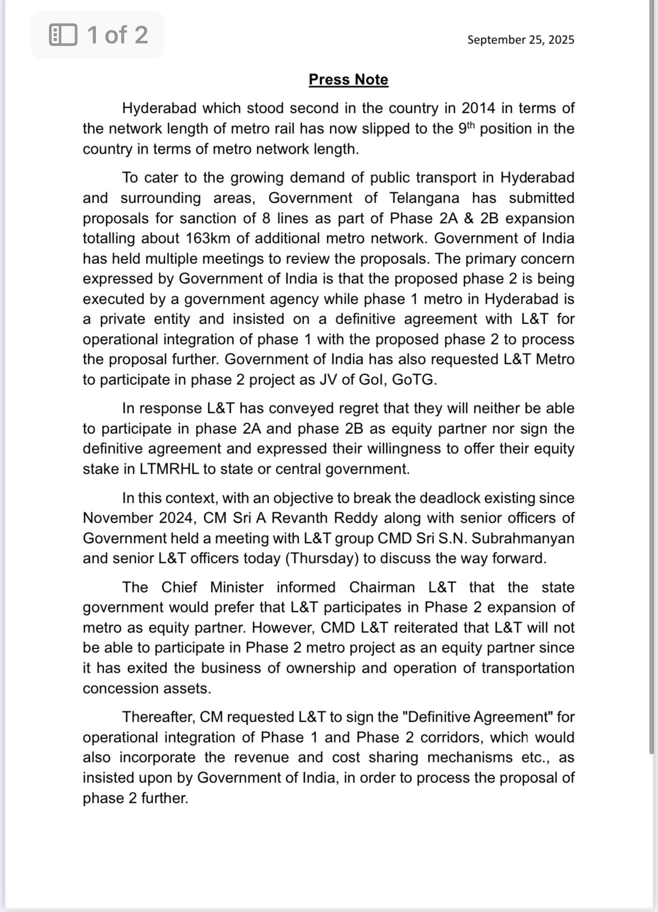 L&T METRO LETTER